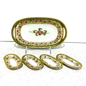 Vintage Hand Painted Nippon Porcelain Relish Tidbit Tray & 4 Salt Cellars Set